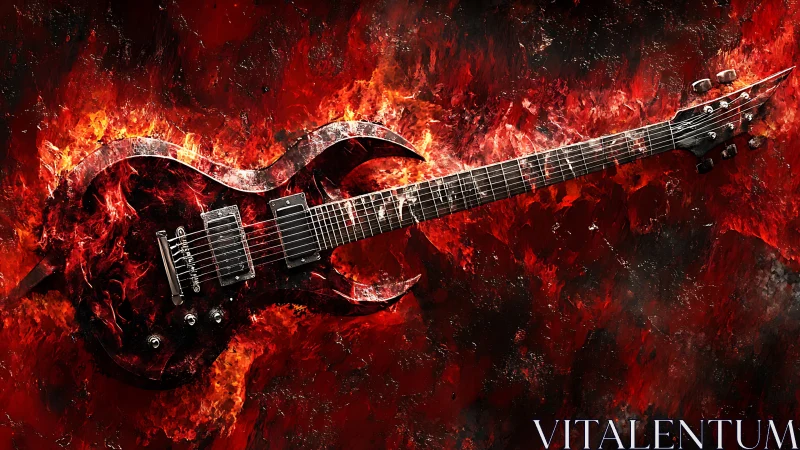 Electric guitar rendered in flames against textured red background