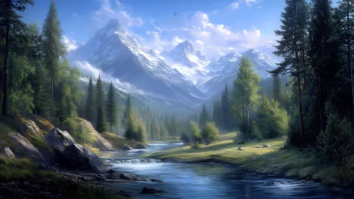 Sunlit alpine valley river framed by snowcapped mountain peaks