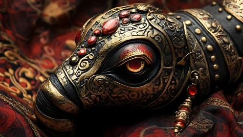 Jeweled elephant gaze wrapped in molten gold arabesques.