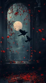 Moonlit gothic arch with ravens and drifting red petals.