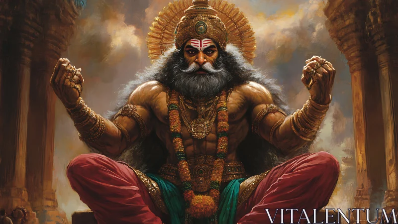 Mythic warrior figure seated in ornate temple interior.