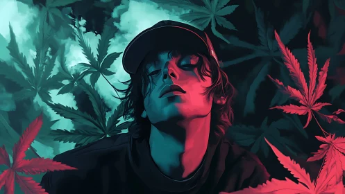 Dreamy youth relaxes under neon light among lush leaves