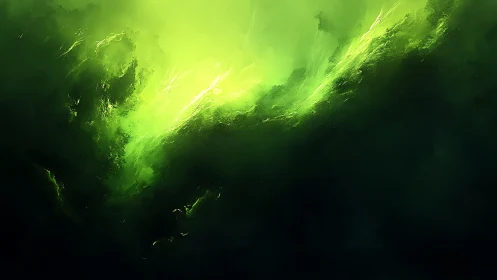 Vivid Abstract Green Light Burst in Dark Digital Art Style.