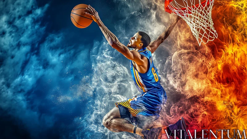 Basketball player dunking amid blue smoke and orange fire.
