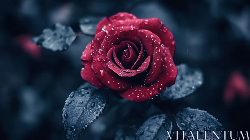 Red Rose with Raindrops in Soft Focus Garden Setting.