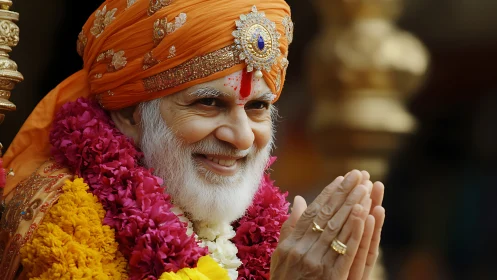 Ornately robed elder in vibrant floral garlands.