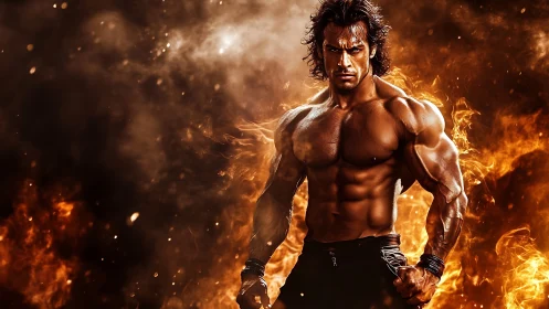 Fire-forged warrior stands carved from smoke and blaze.