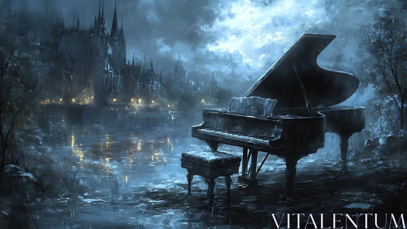 Moonlit grand piano haunts foggy lakeside ruins at night.