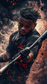 Explosive digital portrait of power hitter in dark uniform.