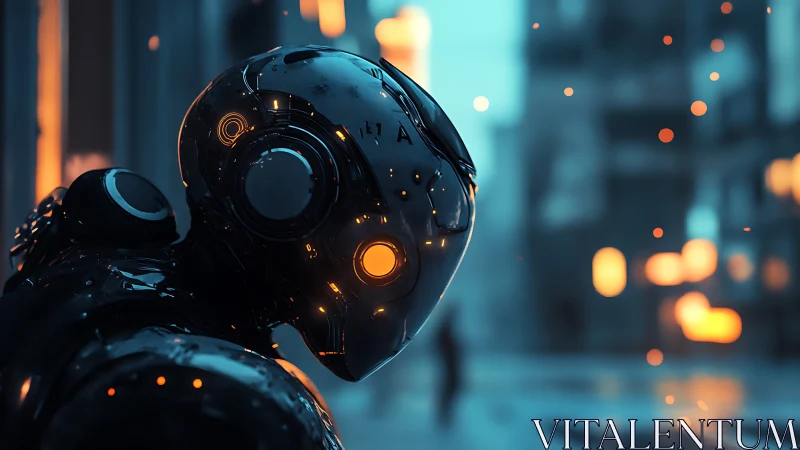 Chrome urban android studies neon embers in winter dusk.