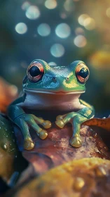 Iridescent tree frog close-up amid glowing forest bokeh.