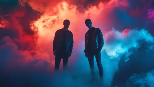 Backlit silhouettes in neon vapor, cinematic portrait construction.