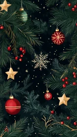 Festive evergreen branches glow with ornaments and joy