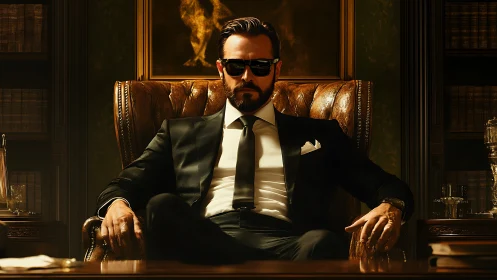 Photorealistic power-portrait in classic executive interior.