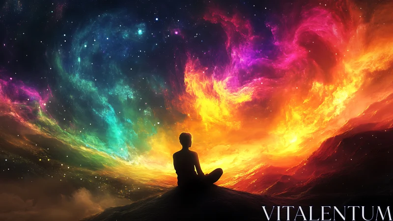 Silhouette meditating beneath multicolor cosmic nebula sky