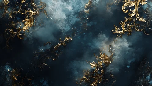 Baroque gold filigree suspended in stratified storm cloud vapor.