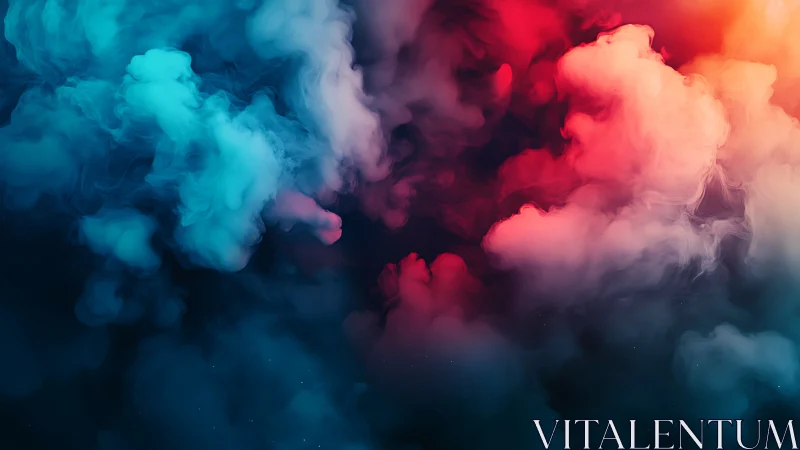 Vivid blue and red smoke clouds merge in glowing contrast.