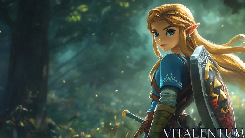 Armored elf warrior in soft forest bokeh with directional rim lighting