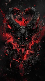 Demonic horned skull emerges in red and black digital chaos