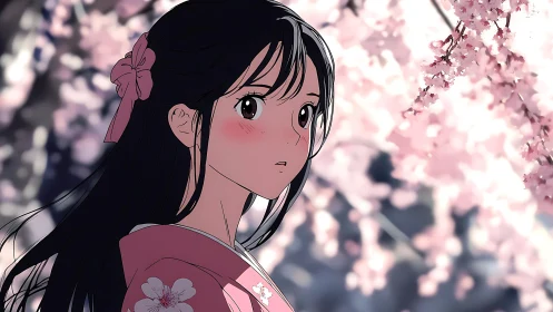 Blushing girl in kimono beneath luminous cherry blossoms.