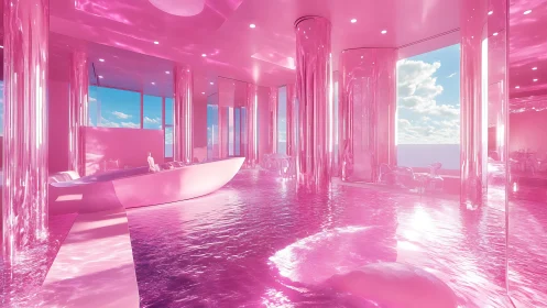 Futuristic Pink Interior with Crystal Columns and Water Floor.