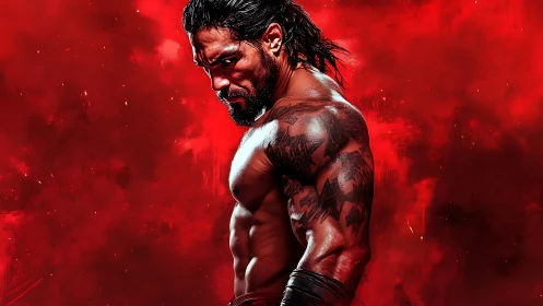 Fierce warrior pose against a blazing red storm backdrop.