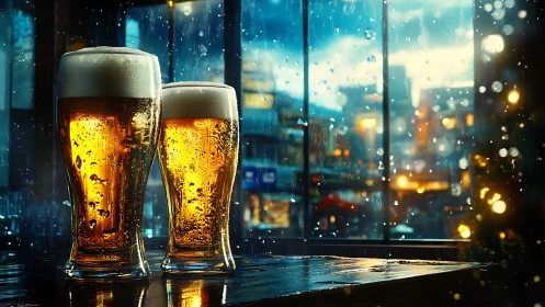 Golden craft beers glow beside rain streaked city window.