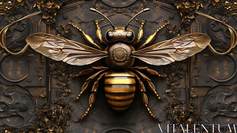Gilded mechanical bee relief with ornate baroque metalwork