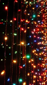 Vertical strands of multicolor festive string lights at night.