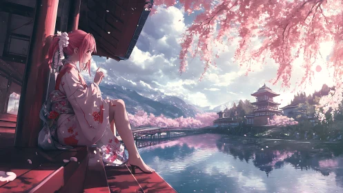 Blossom-laced riverside daydream with a quiet kimono muse.