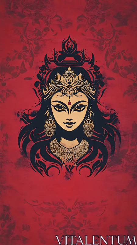 Radiant goddess portrait glows against deep red backdrop