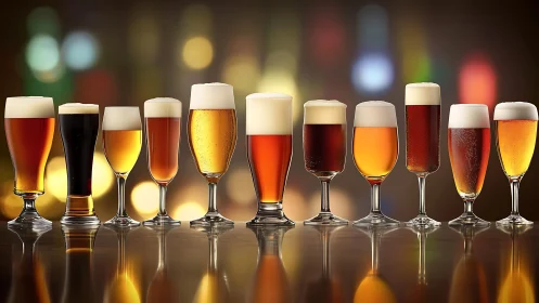 Row of assorted beer glasses on reflective bar surface.