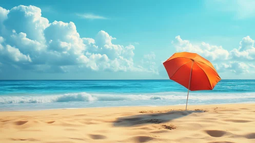 Digital painting of orange umbrella on sunlit shoreline.