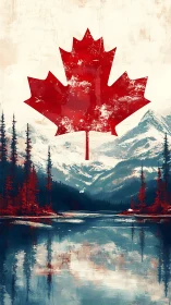 Canadian maple leaf floats above serene alpine landscape.