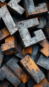 Weathered metal letters tumble into a glowing amber maze