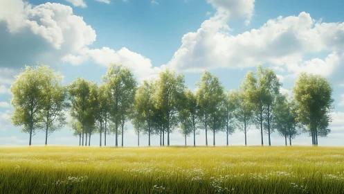 Row of evenly spaced trees stands in sunny grassy field
