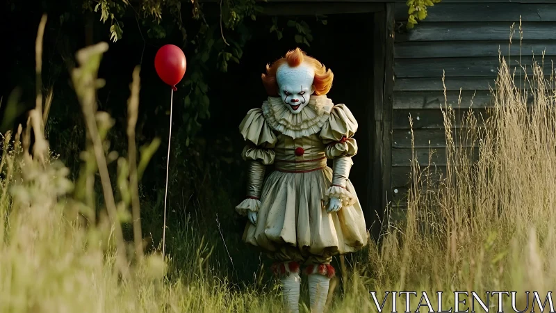 Clown in tall grass with a lone red balloon at dusk.