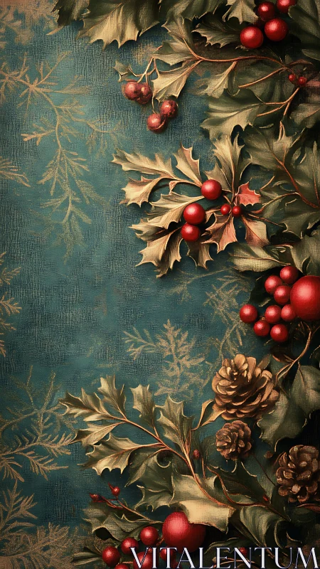 Festive holly and pine boughs frame a rich teal backdrop