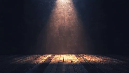 Single overhead spotlight illuminates empty wooden floor