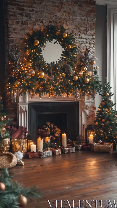 Rustic brick fireplace with warm golden Christmas garlands and candles