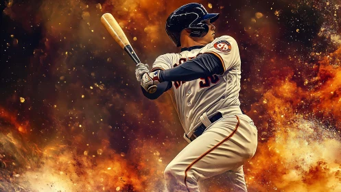 Baseball batter mid-swing amid explosive fiery abstract backdrop