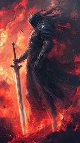 Shadow knight standing calm within a roaring sea of fire.