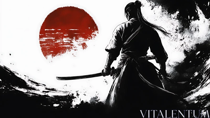 Backlit samurai silhouette before textured crimson sun disc.