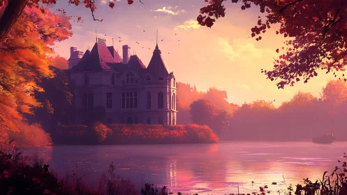Lakeside manor surrounded by dense autumn foliage at sunset.