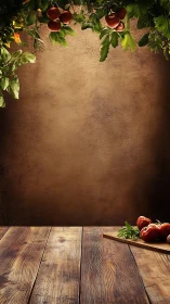 Rustic wooden tabletop with vine tomatoes and warm bokeh wall.