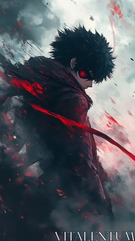 Brooding anime hero wrapped in stormy red energy glow.
