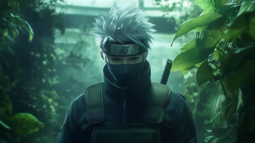 Masked silver haired ninja in dense green forest scene.