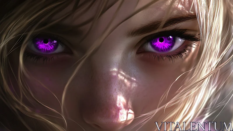 Intense close-up reveals girl&rsquo;s glowing violet eyes.