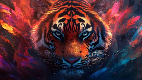 Vibrant tiger portrait emerges from glowing abstract feathers