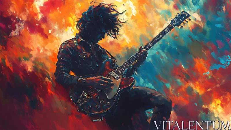 Silhouetted guitarist performs against vivid abstract backdrop